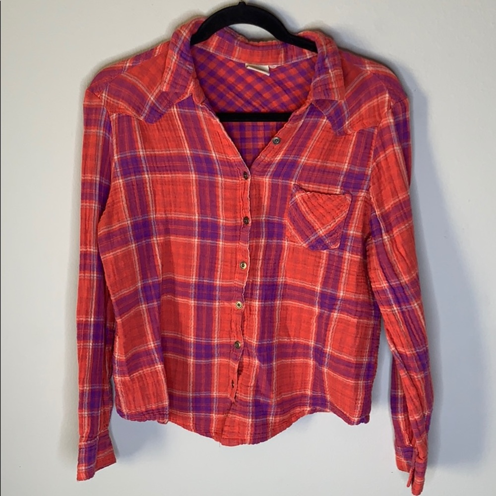 Coral purple gauze plaid button down shirt M
